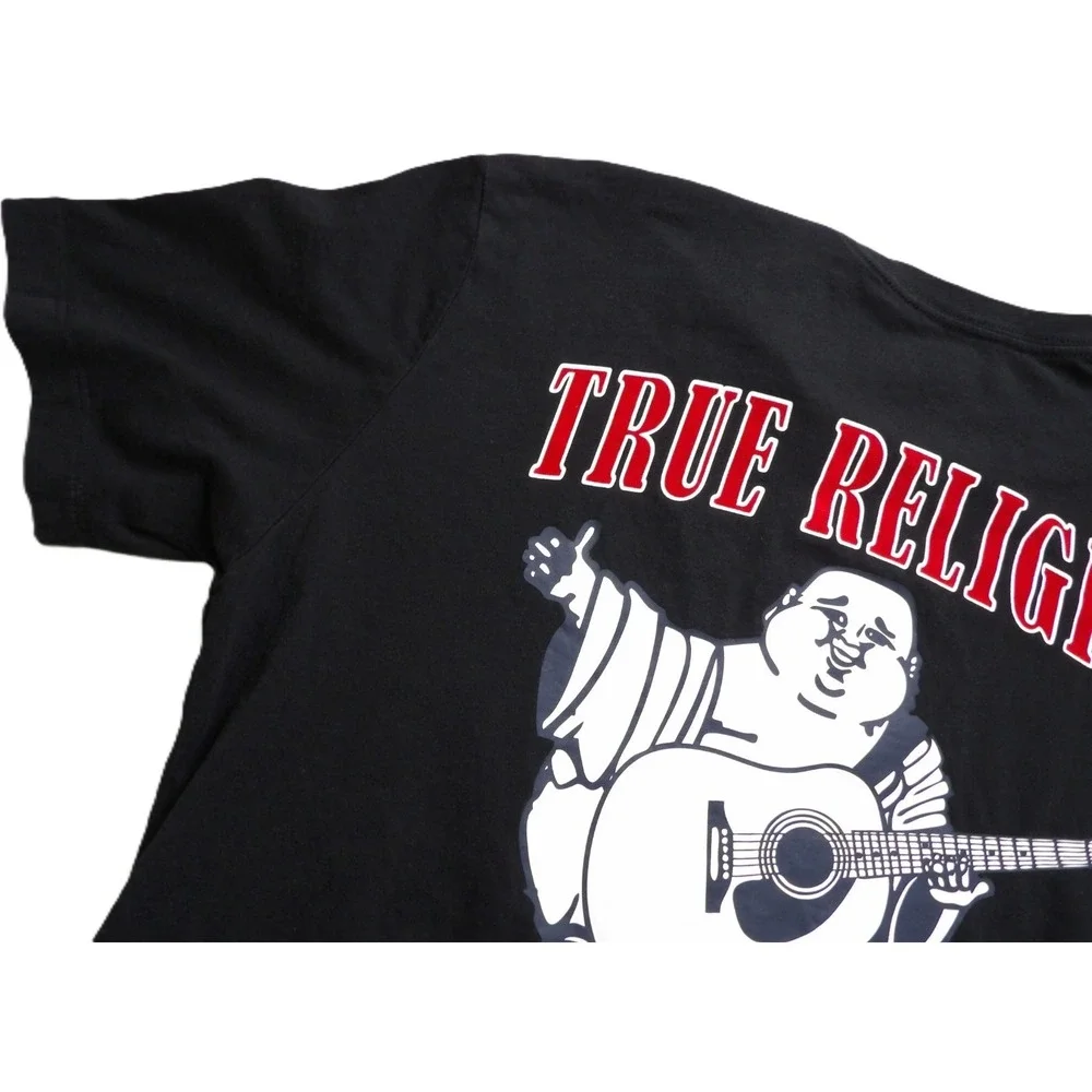 True Religion Buddha Guitar Logo Graphic Tee Men M Black Red Cotton Streetwear